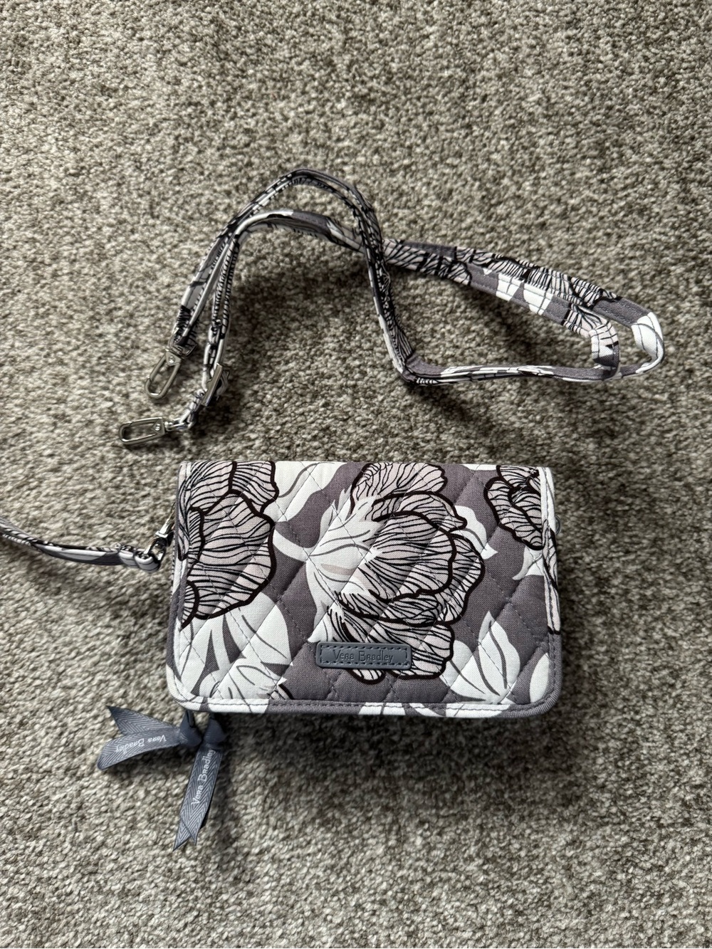 Vera Bradley Gray and White Floral Quilted Crossbody Wallet